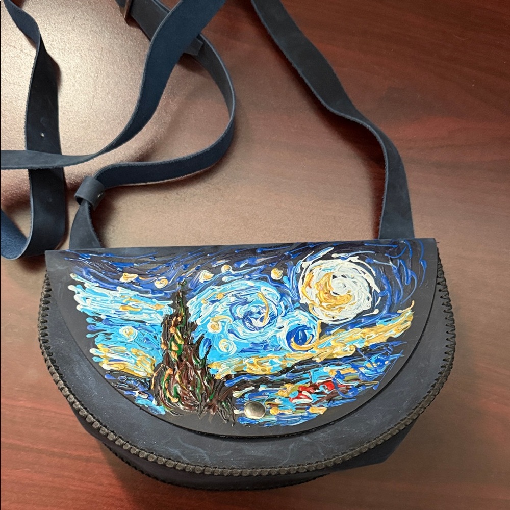 Starry Night  Leather cross body Bag hand painted
